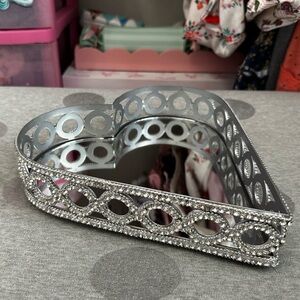 Silver Bling Jewel Heart Mirror Cosmetic Tray